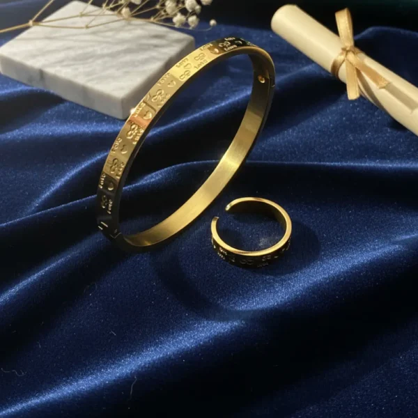 Elegant Gold Plated Kada & Adjustable Ring Set – Anti Tarnish Combo 4