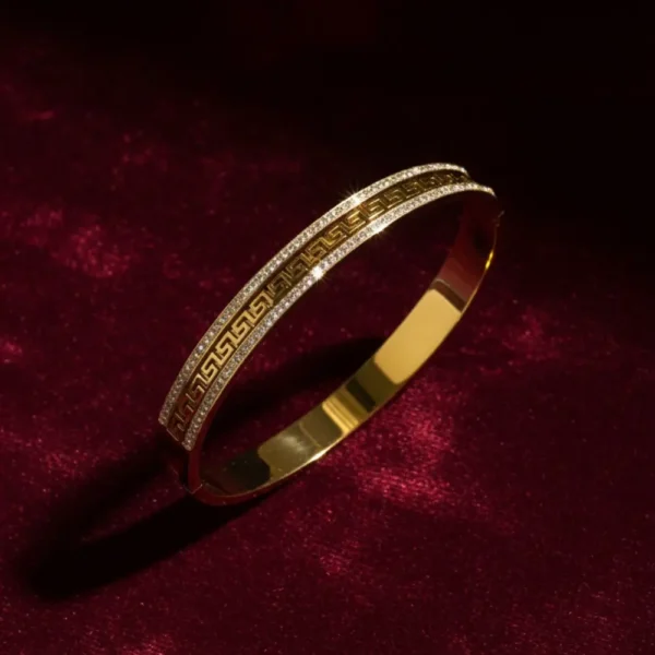 Greek Pattern Gold Plated Kada with Dual Line Stones – Anti Tarnish (2)