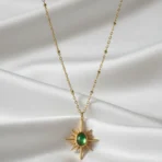 Green Stone Sunburst Pendant Necklace - Anti Tarnish 2
