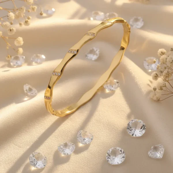 Wavy Gold Plated Kada Bracelet with Stone Detailing For For Women Anti Tarnish