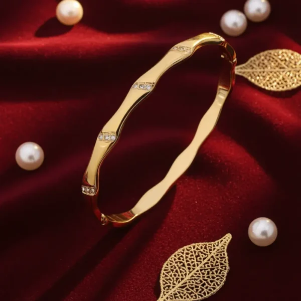 Wavy Gold Plated Kada Bracelet with Stone Detailing For For Women Anti Tarnish