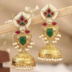 Aabha Gold Plated Jhumka Earrings – Red & Green Stone Pearl Drop