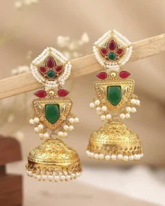 Aabha Gold Plated Jhumka Earrings – Red & Green Stone Pearl Drop