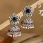 Aabha Oxidised Silver Jhumka Earrings – Black & Ruby Pearl Drop