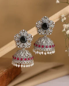 Aabha Oxidised Silver Jhumka Earrings – Black & Ruby Pearl Drop