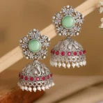 Aabha Oxidised Silver Jhumka Earrings – Pink & Light Green Stone Pearl Drop