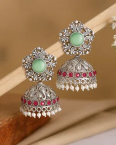 Aabha Oxidised Silver Jhumka Earrings – Pink & Light Green Stone Pearl Drop
