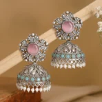 Aabha Oxidised Silver Jhumka Earrings – Pink & Light Green Stone Pearl Drop