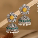 Aabha Oxidised Silver Jhumka Earrings – Yellow Stone & Green Pearl Drop