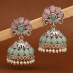 Aboli Floral Antique Silver Jhumka Earrings Pink & Turquoise