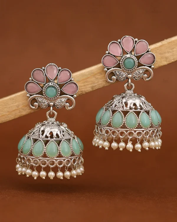 Aboli Floral Antique Silver Jhumka Earrings Pink & Turquoise