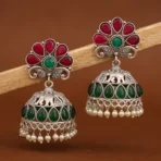 Aboli Floral Antique Silver Jhumka Earrings Red & Green