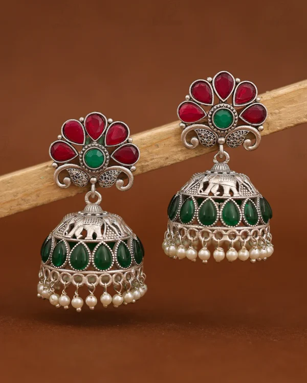 Aboli Floral Antique Silver Jhumka Earrings Red & Green