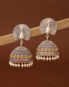 Antique Peacock Silver Oxidized Jhumka Earrings – Yellow Stone & Pearl