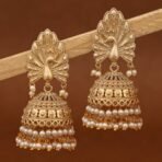 Divine Peacock Gold-Plated Jhumka Earrings – Elegant Matte Finish with Pearl Clusters