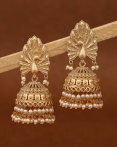 Divine Peacock Gold-Plated Jhumka Earrings – Elegant Matte Finish with Pearl Clusters