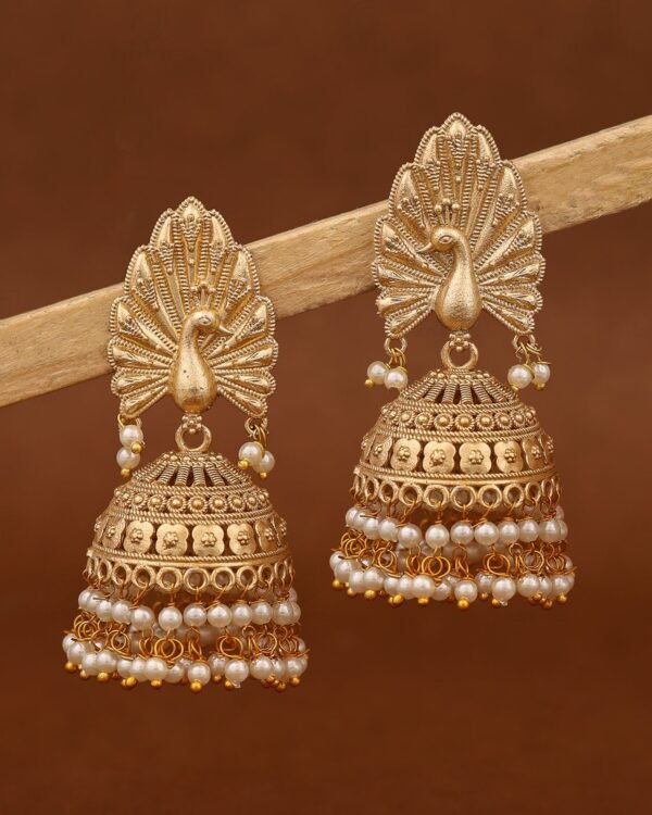 Divine Peacock Gold-Plated Jhumka Earrings – Elegant Matte Finish with Pearl Clusters