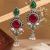 Elephant Motif Oxidised Dangler Earrings – Green & Ruby Stone Ethnic Statement