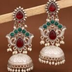 Grand Ruby & Emerald Oxidized Jhumka Earrings – Floral Motif & Pearl Drops