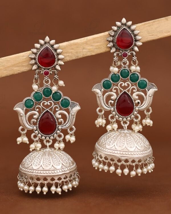 Grand Ruby & Emerald Oxidized Jhumka Earrings – Floral Motif & Pearl Drops