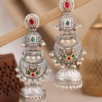 Imperial Multi-Tier Oxidized Silver Jhumka Earrings-Ruby & Green