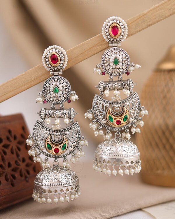 Imperial Multi-Tier Oxidized Silver Jhumka Earrings-Ruby & Green