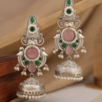 Meher Oxidised Silver Jhumka Earrings – Pink & Green Stone Pearl Drop