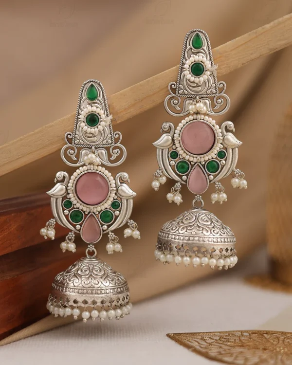 Meher Oxidised Silver Jhumka Earrings – Pink & Green Stone Pearl Drop