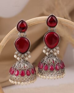 Meher Oxidised Silver Jhumka Earrings – Ruby Stone Pearl