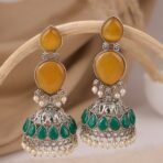 Meher Oxidised Silver Jhumka Earrings – Yellow & Green Stone Pearl