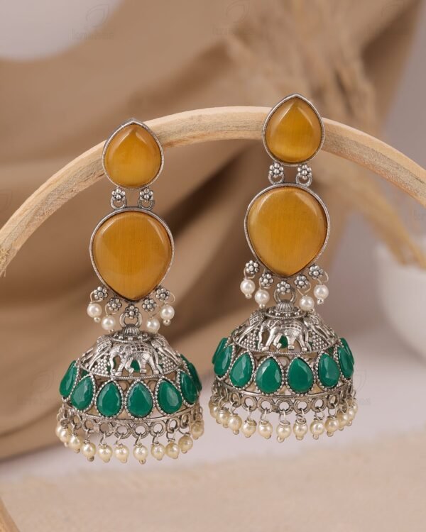 Meher Oxidised Silver Jhumka Earrings – Yellow & Green Stone Pearl