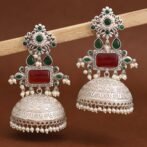 Noor Oxidised Silver Jhumka Earrings – Green & Ruby Stone Ethnic Statement