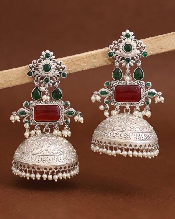 Noor Oxidised Silver Jhumka Earrings – Green & Ruby Stone Ethnic Statement