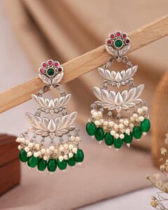 Oxidised Lotus Dangler Earrings – Green Bead & Pearl Drop Ethnic Statement