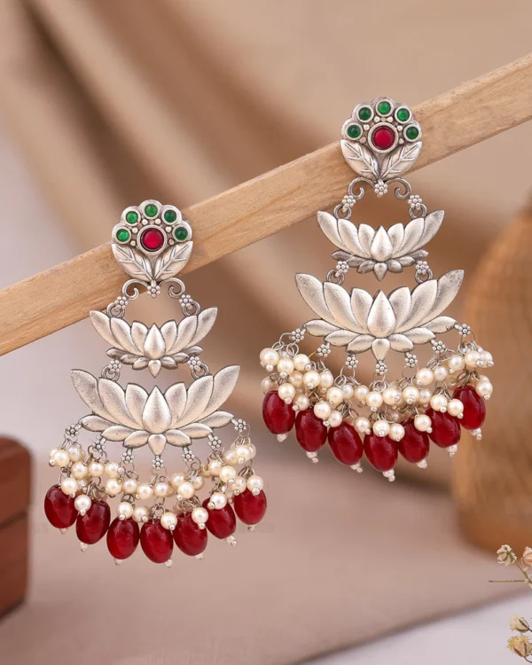 Oxidised Lotus Dangler Earrings – Pearl Drop
