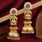 Raagini Gold Plated Elephant Jhumka Earrings – Red & Green Stone Pearl Drop