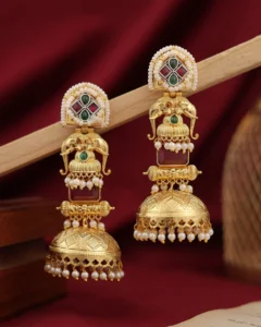 Raagini Gold Plated Elephant Jhumka Earrings – Red & Green Stone Pearl Drop