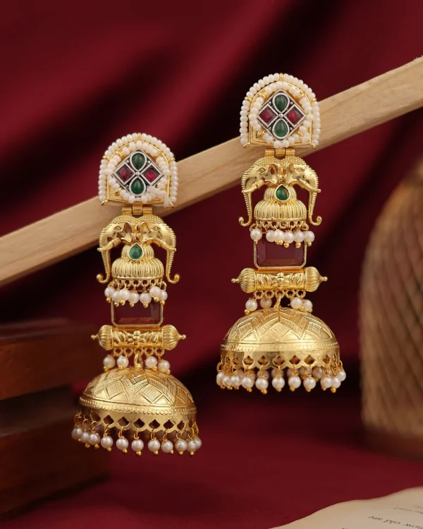 Raagini Gold Plated Elephant Jhumka Earrings – Red & Green Stone Pearl Drop
