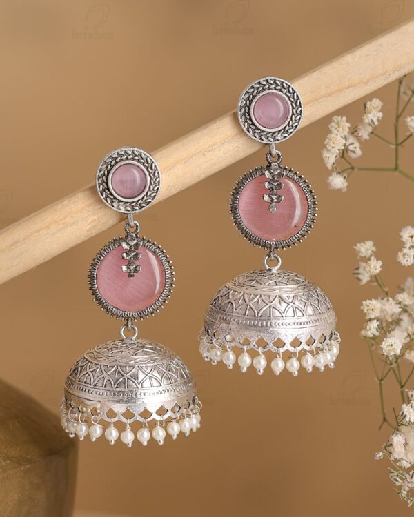 Raaya Oxidised Silver Jhumka Earrings – Pink Stone Pearl Drop