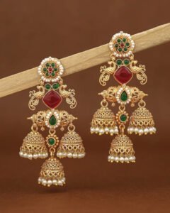 Royal Kundan Jhumka Dangler Earrings – Red & Green Stone Bridal Design