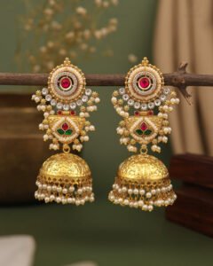 Royal Pearl Premium Gold Jhumki – Green & Ruby Stone Gold Plated