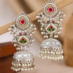 Silver Oxidized Chandbali Jhumka Earrings – Ruby Pink & Emerald Green