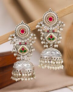 Silver Oxidized Chandbali Jhumka Earrings – Ruby Pink & Emerald Green