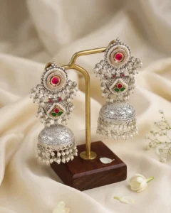 Silver Oxidized Chandbali Jhumka Earrings – Ruby Pink & Emerald Green