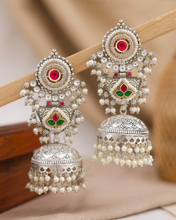 Silver Oxidized Chandbali Jhumka Earrings – Ruby Pink & Emerald Green