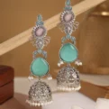 Sitara Oxidised Dangler Jhumka Earrings – Mint Green & Pink Stone Pearl Drop