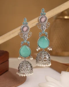 Sitara Oxidised Dangler Jhumka Earrings – Mint Green & Pink Stone Pearl Drop