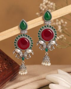 Vintage Elephant Motif Dangler Earrings – Red & Green Stone Oxidised Finish