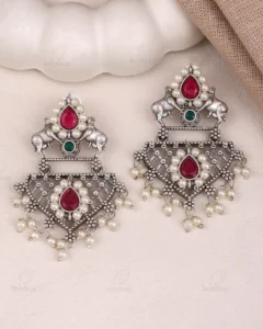 Zariya Oxidised Dangler Earrings – Ruby & Green Stone Pearl Drop