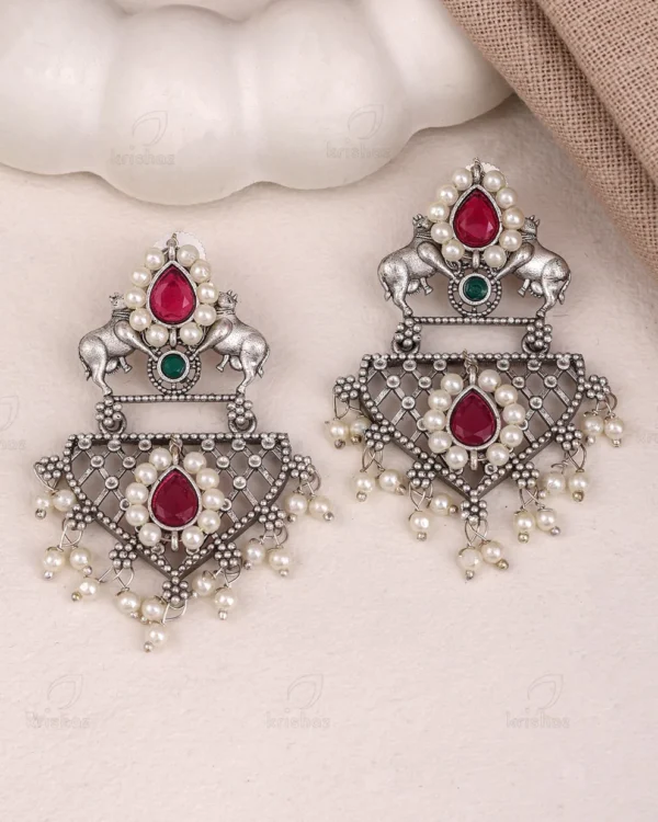 Zariya Oxidised Dangler Earrings – Ruby & Green Stone Pearl Drop